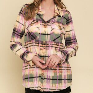 MYSTREE Plaid Button Down Shirt, Multicolor Pink Purple Green Oversized Shirt